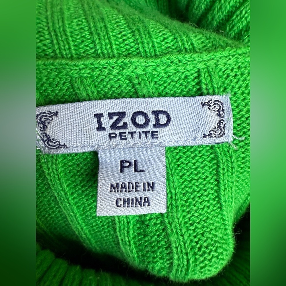 Izod preppy green cable knit turtleneck 100% cotton logo sweater petite large EC - Picture 7 of 8